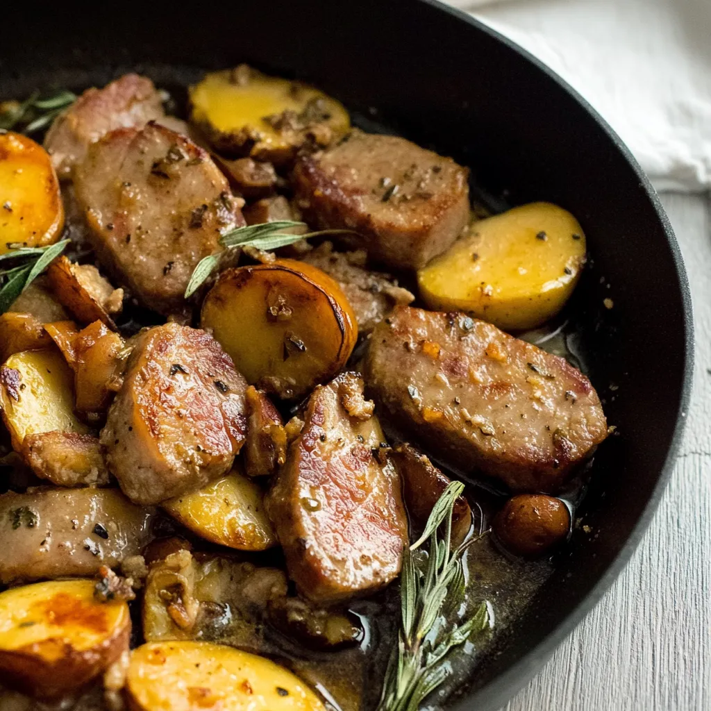 Carne grelhada em um frigideira com cebola, alho e ervas.