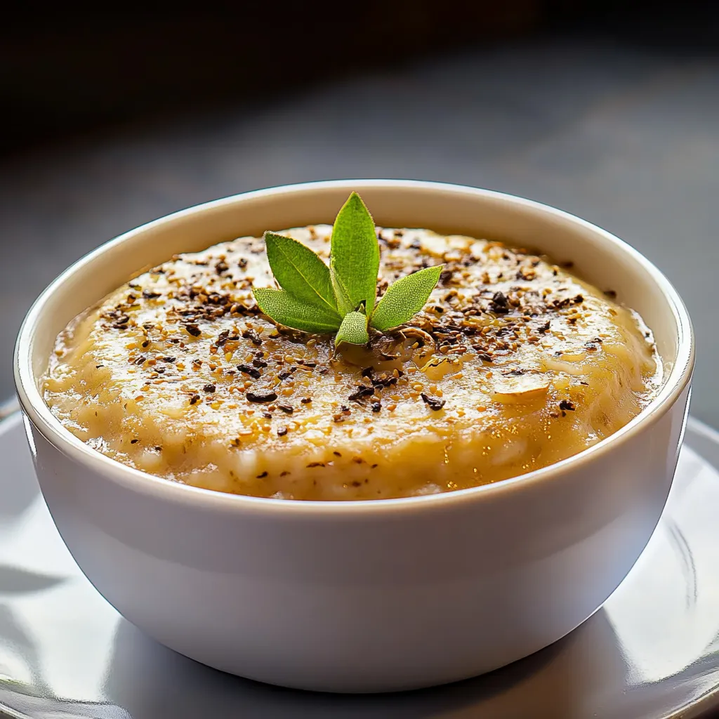 Um prato de sopa com uma folha de alho no topo.