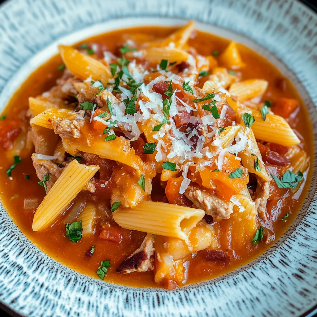 Macarrão com carne e tomate em um prato.