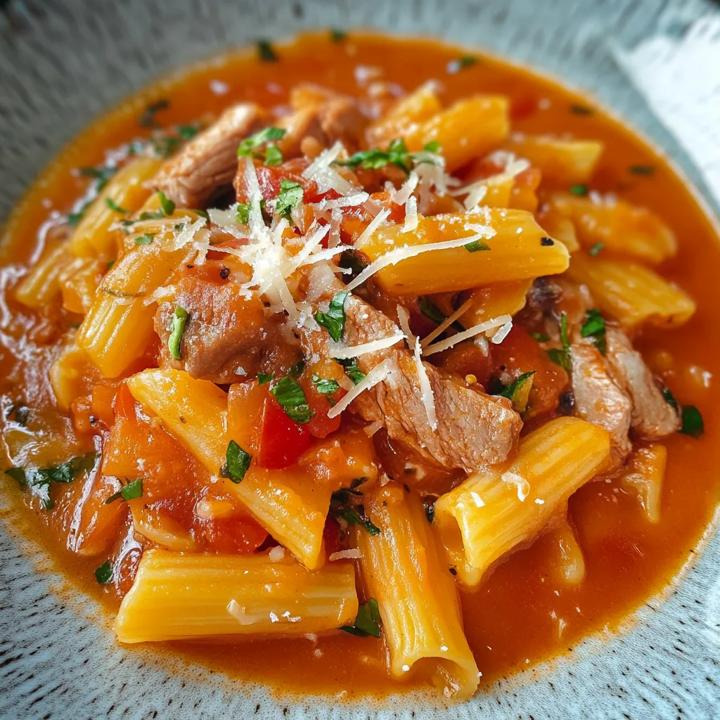 Macarrão com carne e tomate.