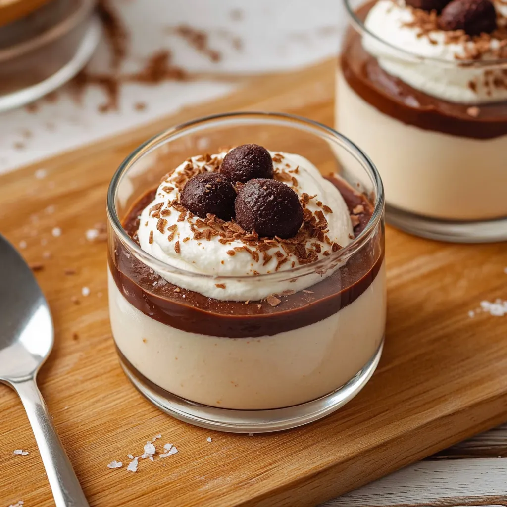 Dois copos de chocolate com bolinhas de chocolate no topo.