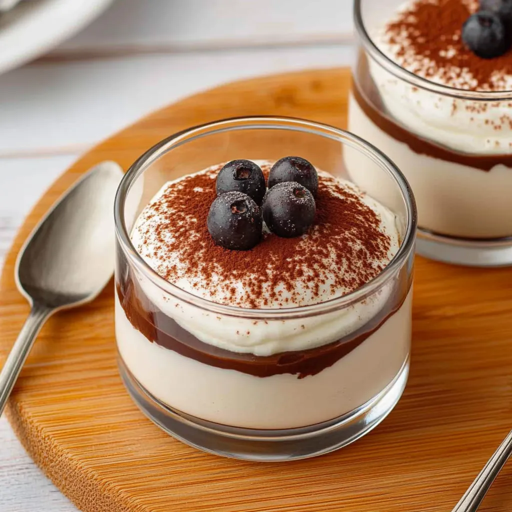 Dois copos de creme de frutas com chocolate.