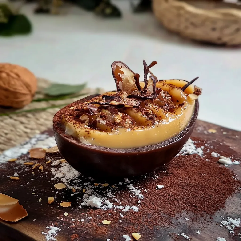 Fruta assada em uma panela com chocolate.