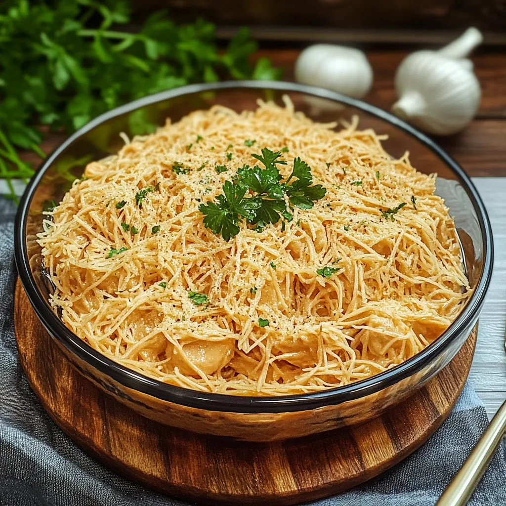 Um prato de macarrão com cebola e alho.
