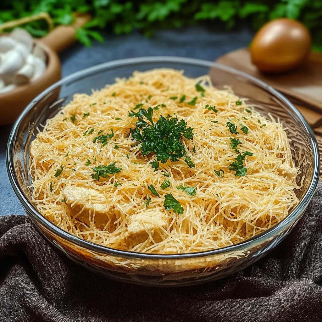 Um prato de macarrão com cebola e alho.