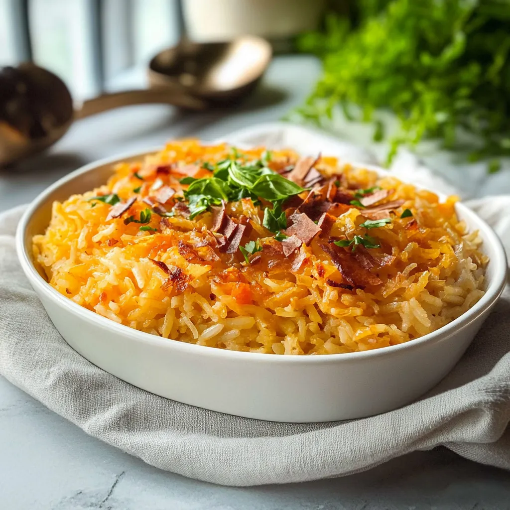 Um prato de arroz com carne e vegetais.