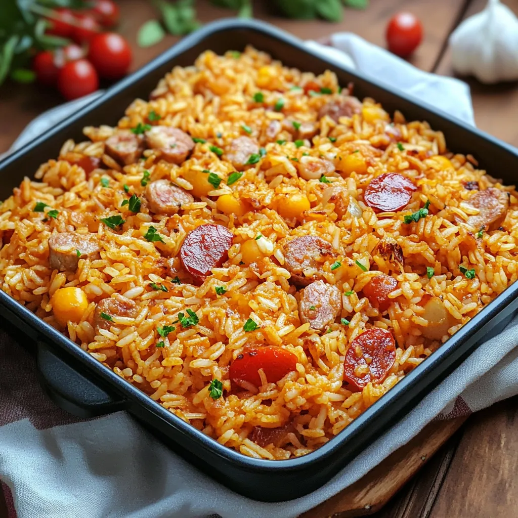 Um prato de arroz com carne e tomate.