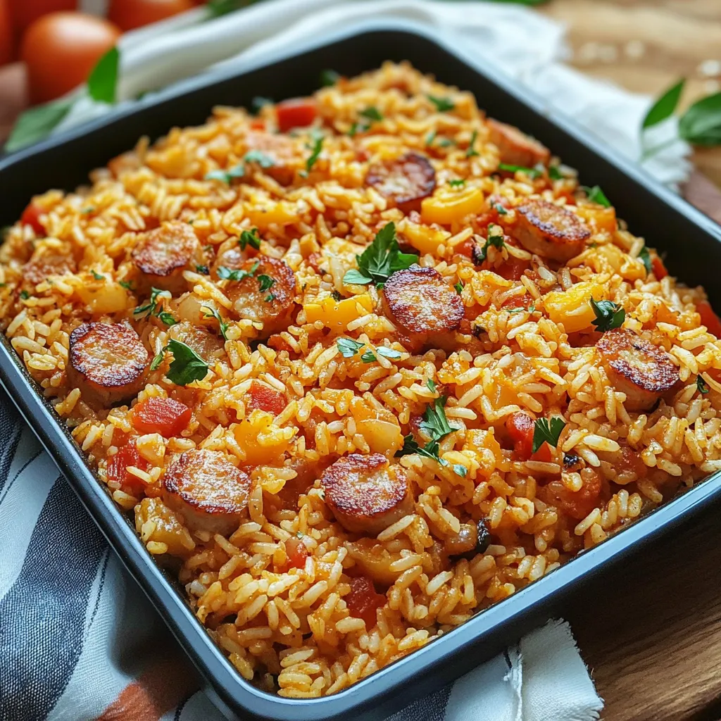Um prato de arroz com peixe e cebola.