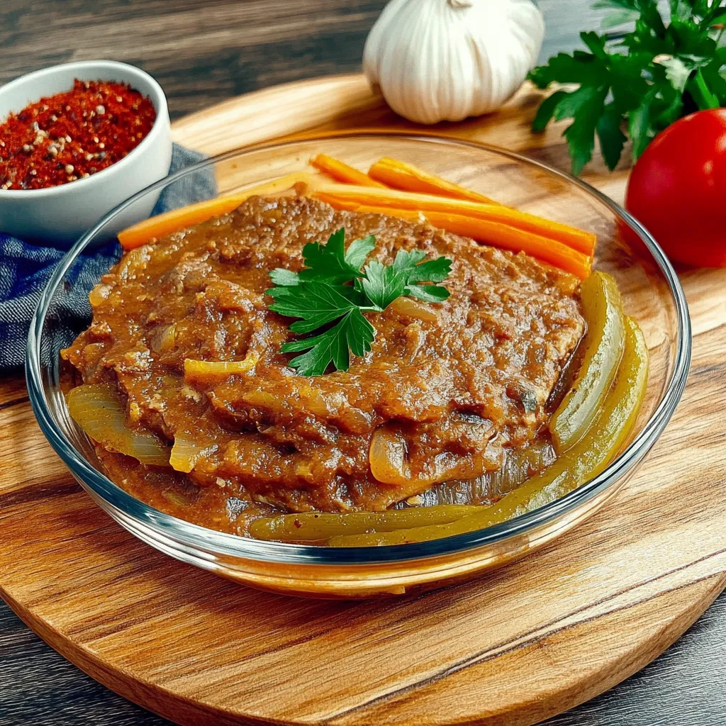Um prato de carne com cebola e alho.