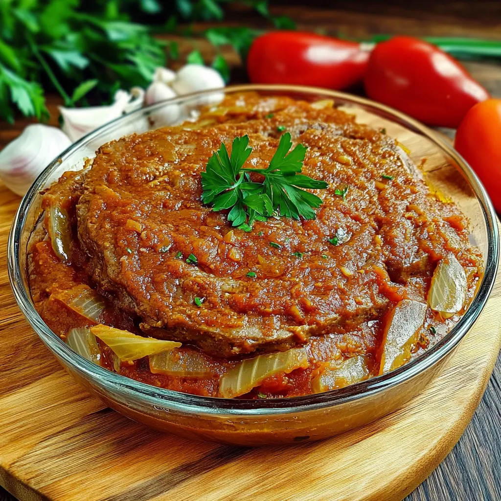 Um prato de carne com cebola e tomate.