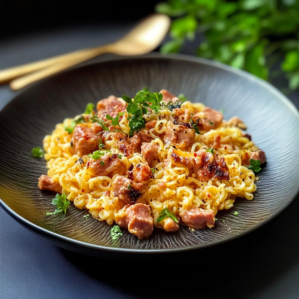 Prato com macarrão e carne.