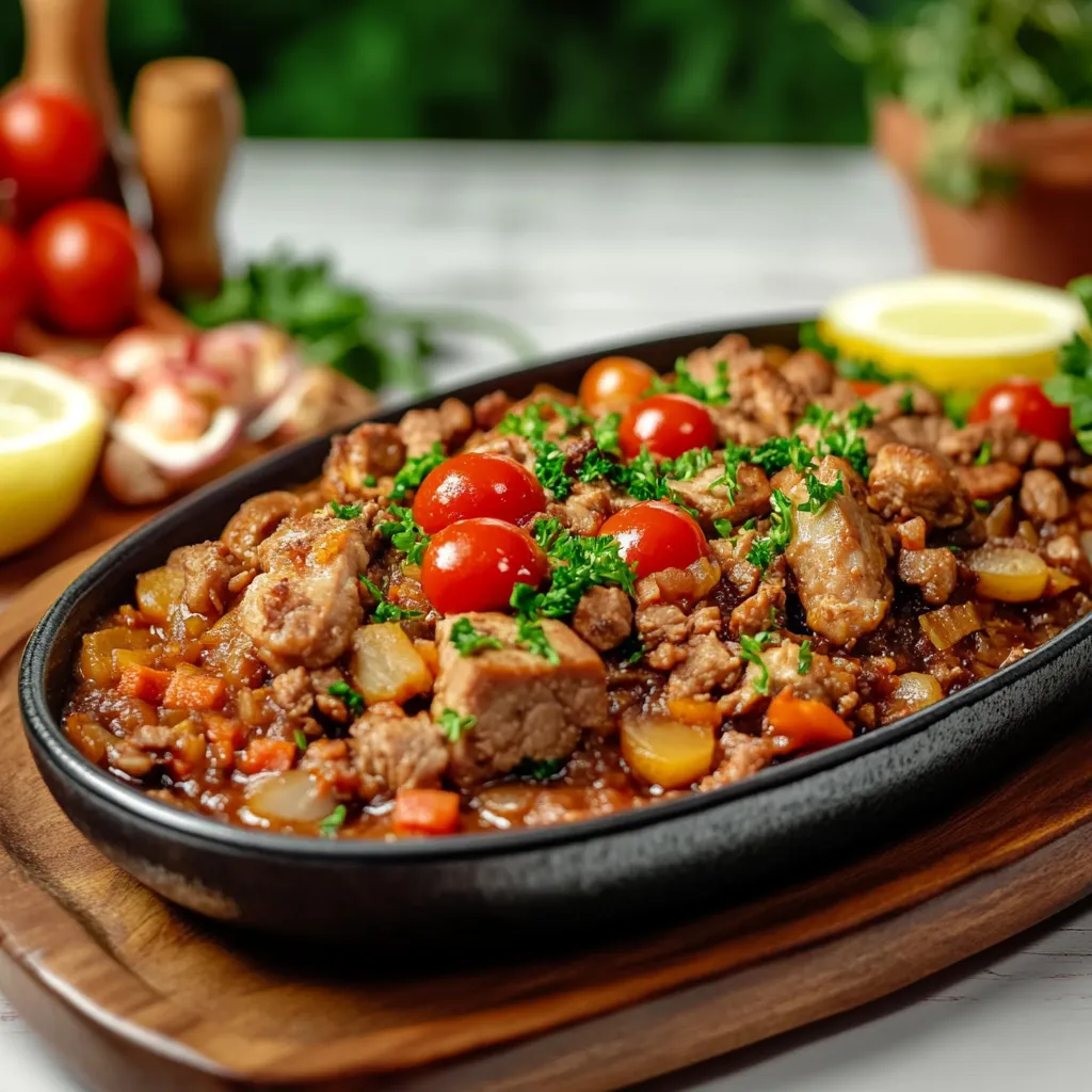 Carne assada em um molho de tomate e cebola.