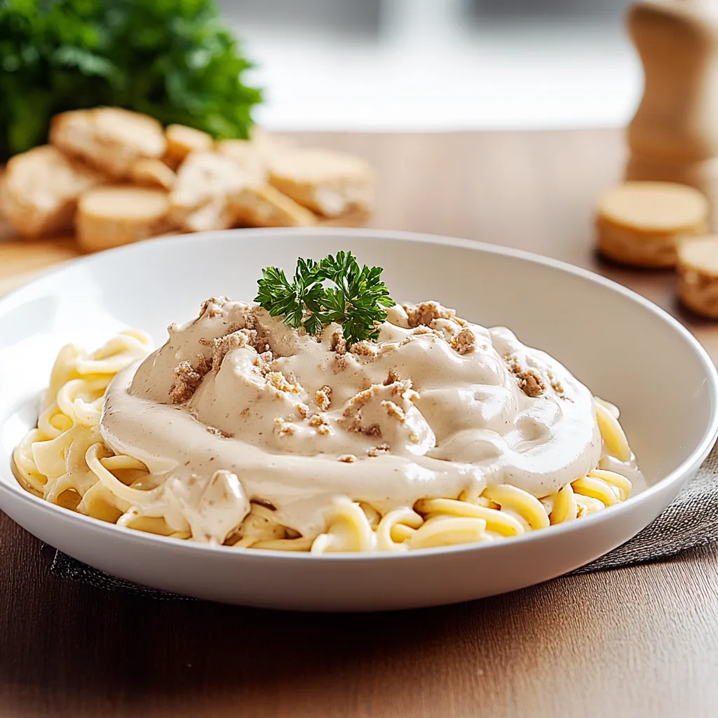 Um prato de macarrão com carne e alho.