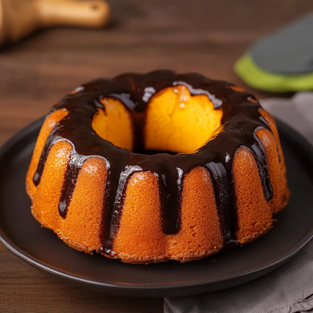 Um cake com chocolate e suco de laranja.