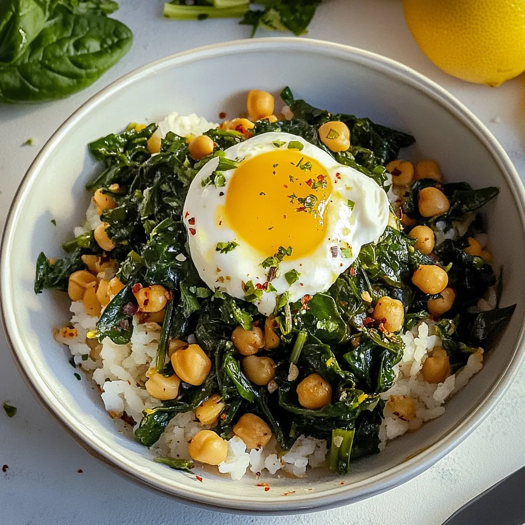 Um prato de arroz com ervas e uma ovo cozida.