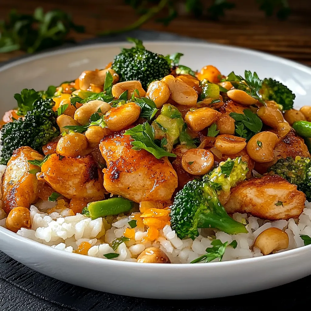 Riso com carne de frango e vegetais.