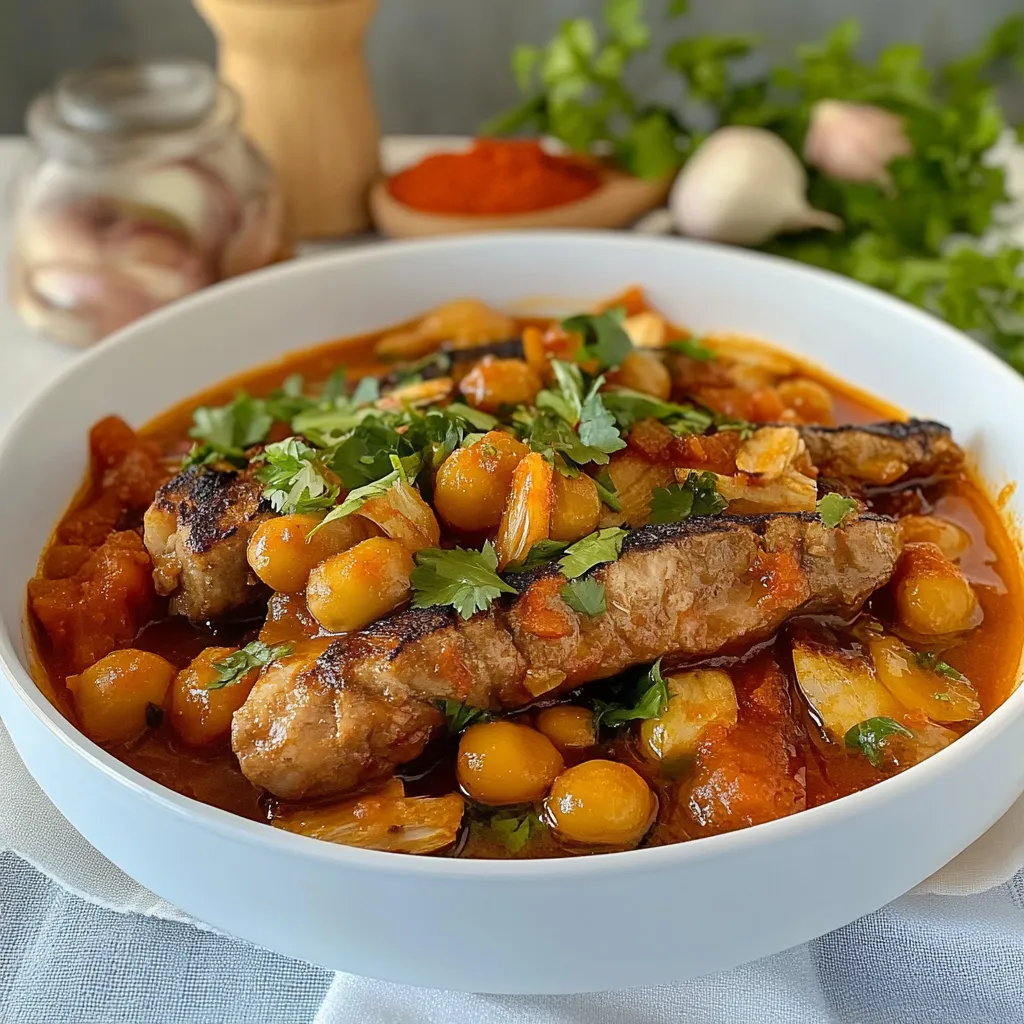 Um prato de comida com carne, cenoura, alho e cebola.