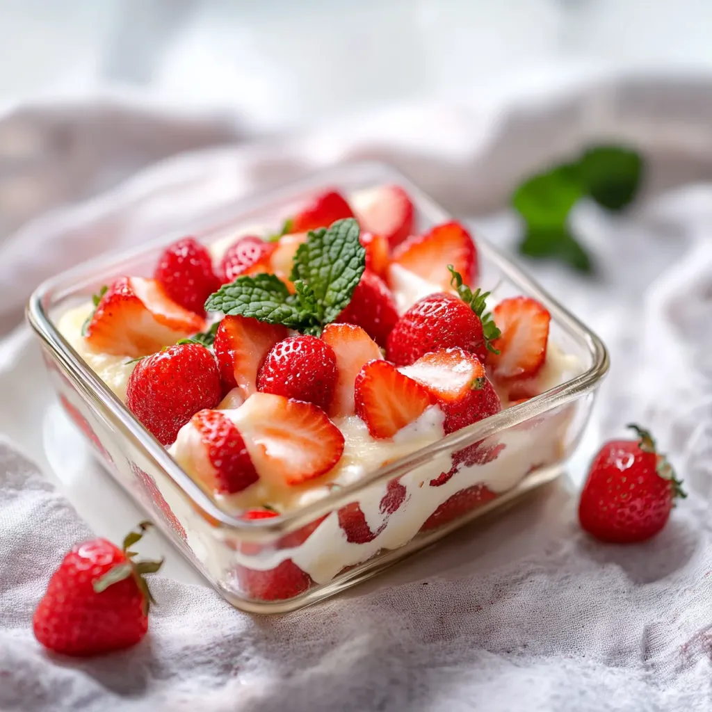 Um prato de frutas com uma base de creme de leite e uma pitada de menta.