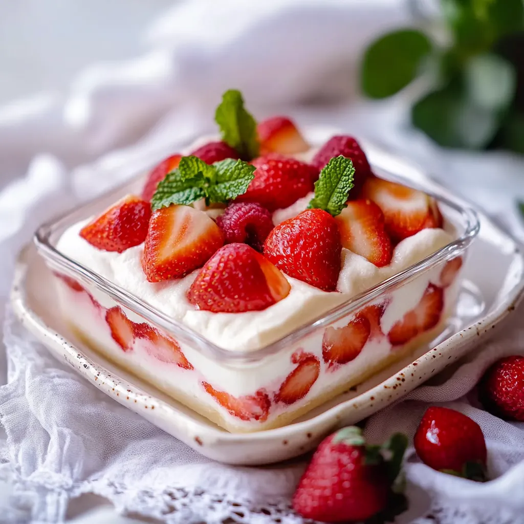 Um prato de frutas com creme de leite e ervas.