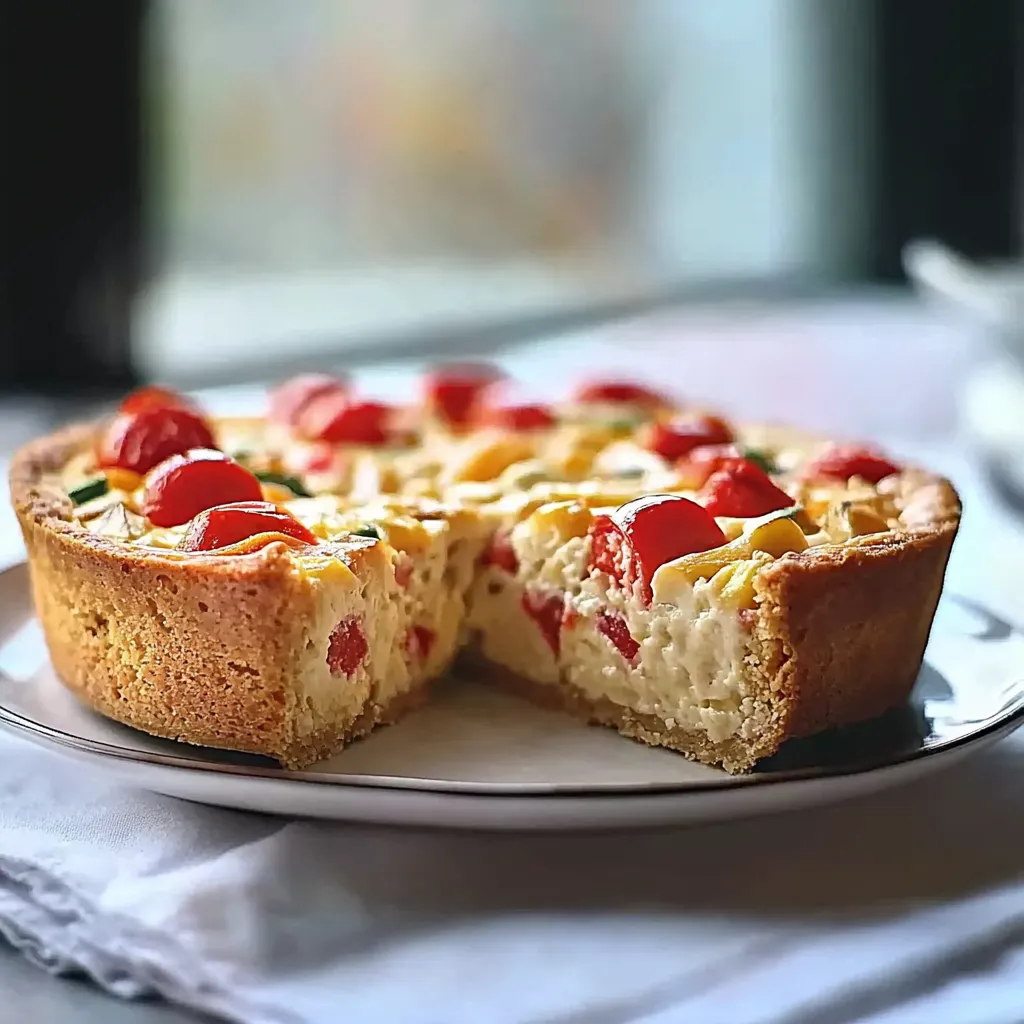 Um pedaço de tarta com tomate e cebola.