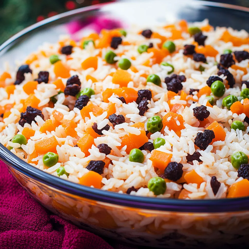 Um prato de arroz com carrots e peas.
