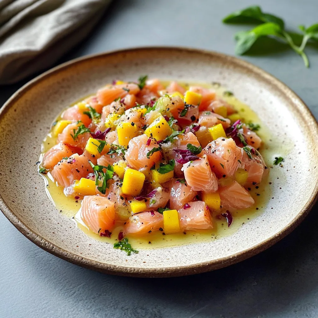Um prato cheio de frutas e peixe.