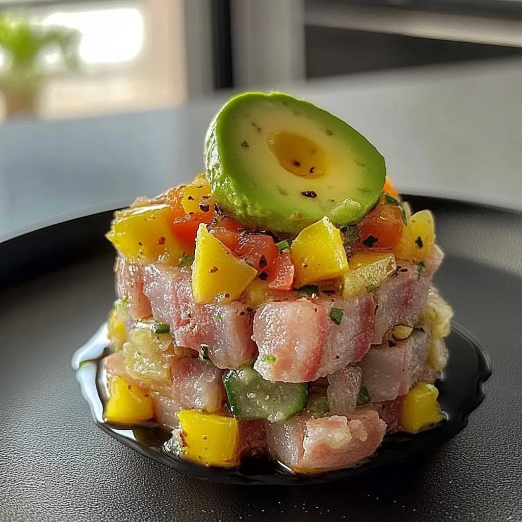 Um prato com frutas e carne.