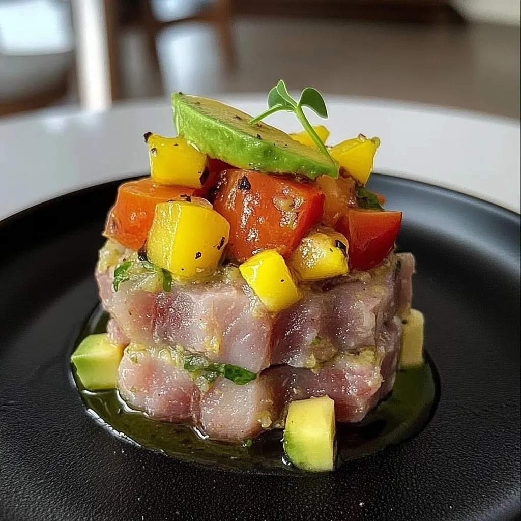 Um prato com carne, abacate, tomate e pepino.
