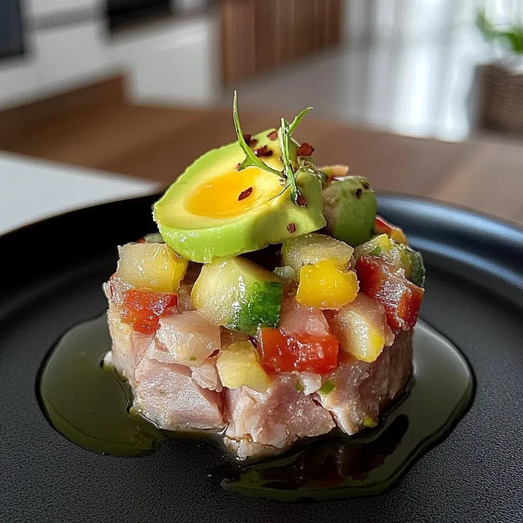 Um prato com frutas e carne.