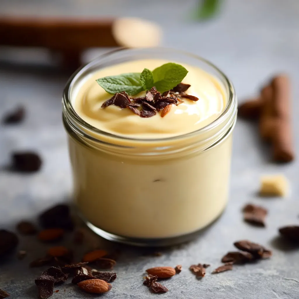 Um copo de creme de cacau com uma folha de menta no topo.