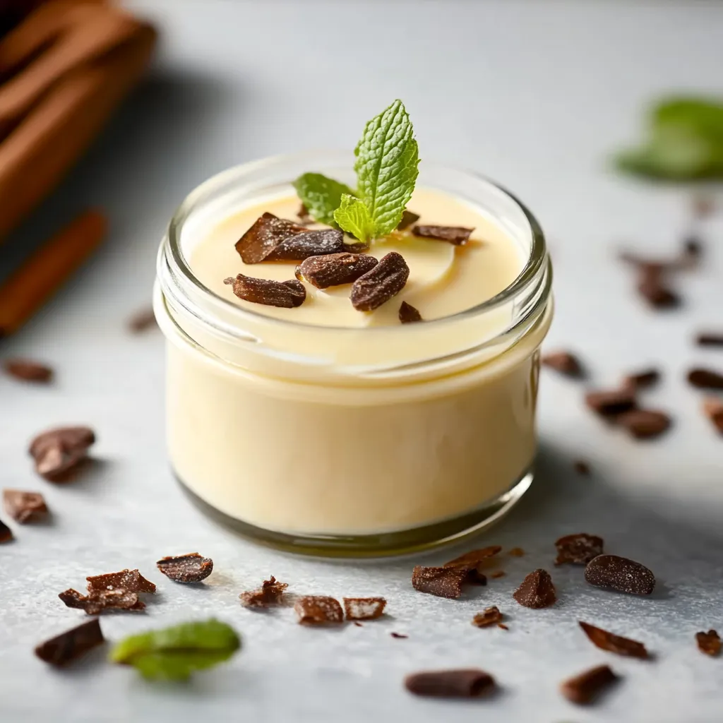 Um copo de creme de cacau com uma folha de menta no topo.