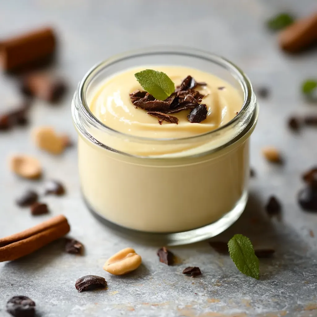 Um copo de creme de cacau com folhas verdes no topo.