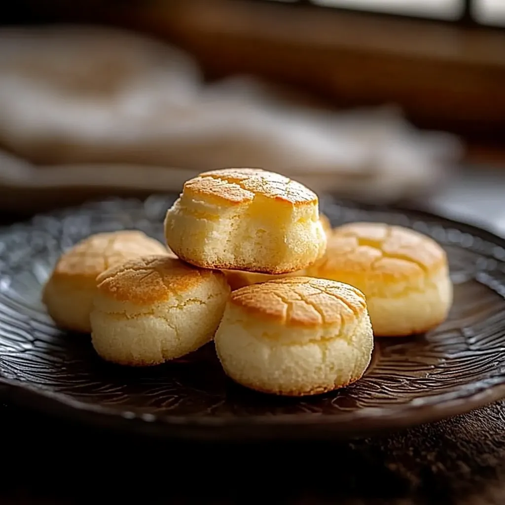 Quatro bolinhas de pão de queijo em um plano.