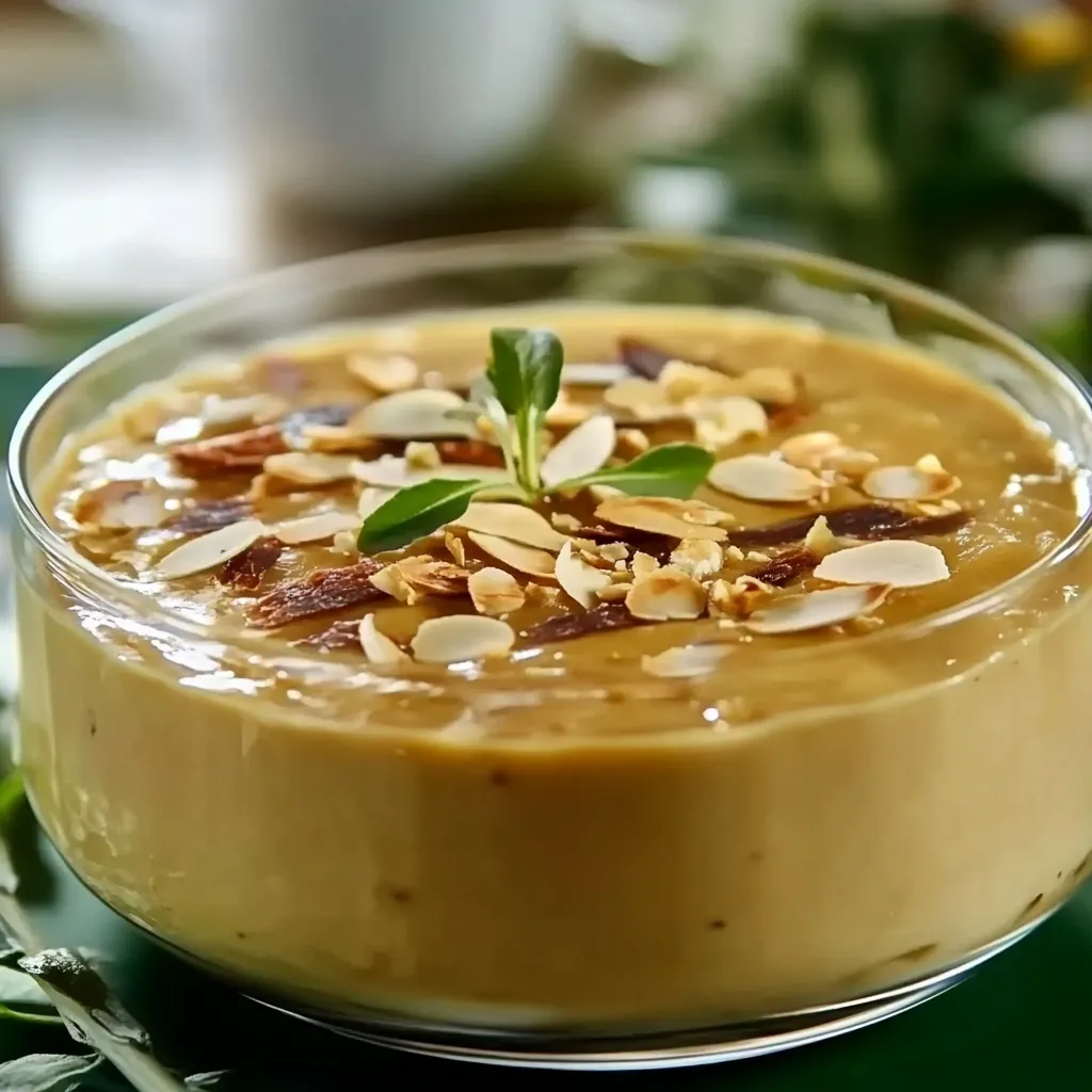 Um copo de creme de amendoim com ervas no topo.