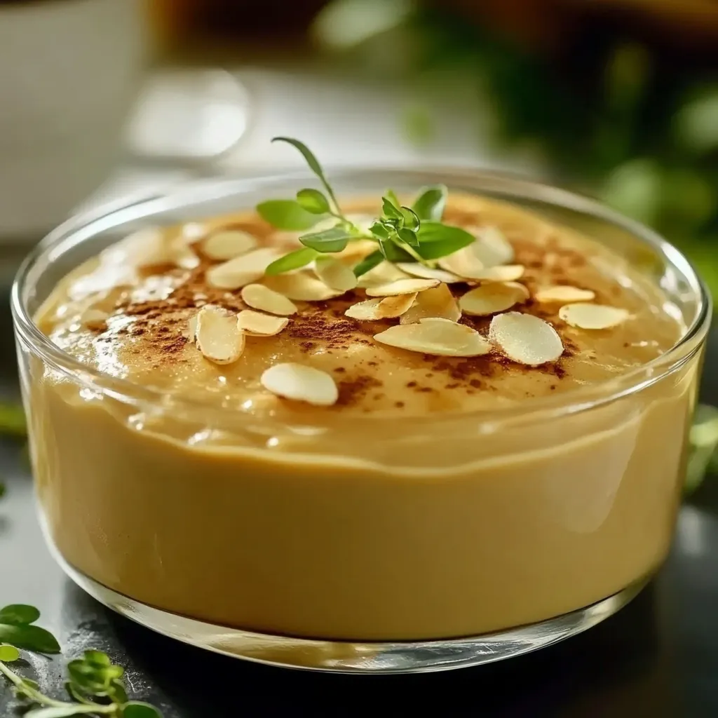 Um copo de creme de amêndoas com folhas verdes no topo.
