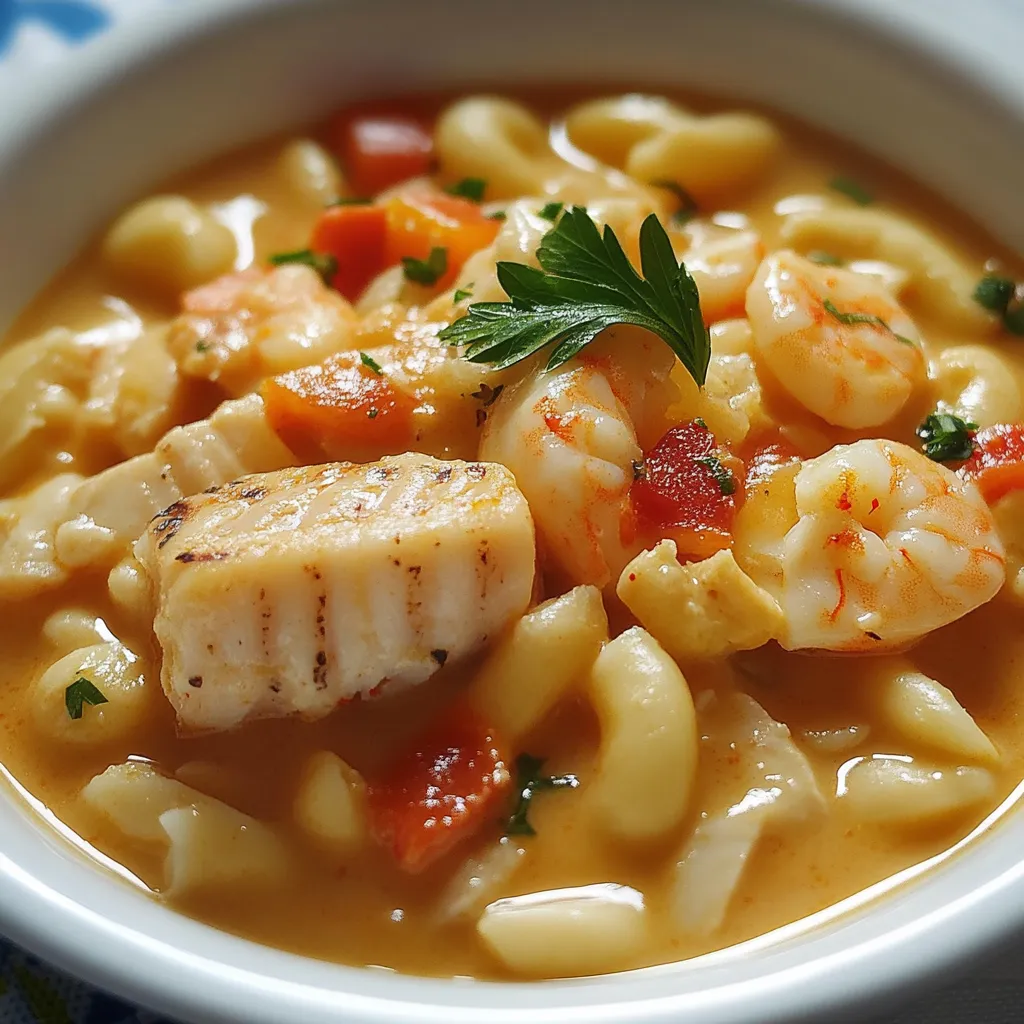 Um prato de macarrão com carne e camarão.