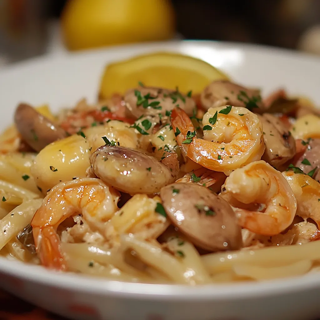 Pasta com camarões, cebola e limão.