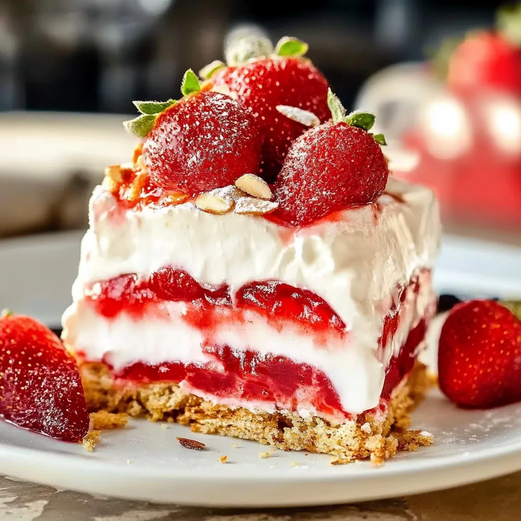 Um pedaço de tarta de frutas com camadas de creme e frutas vermelhas.