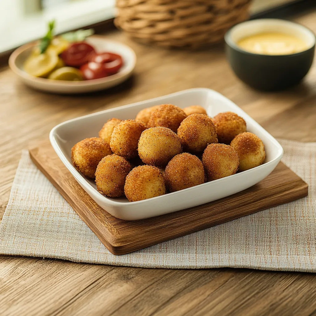 Um prato com bolinhas de massa frita.