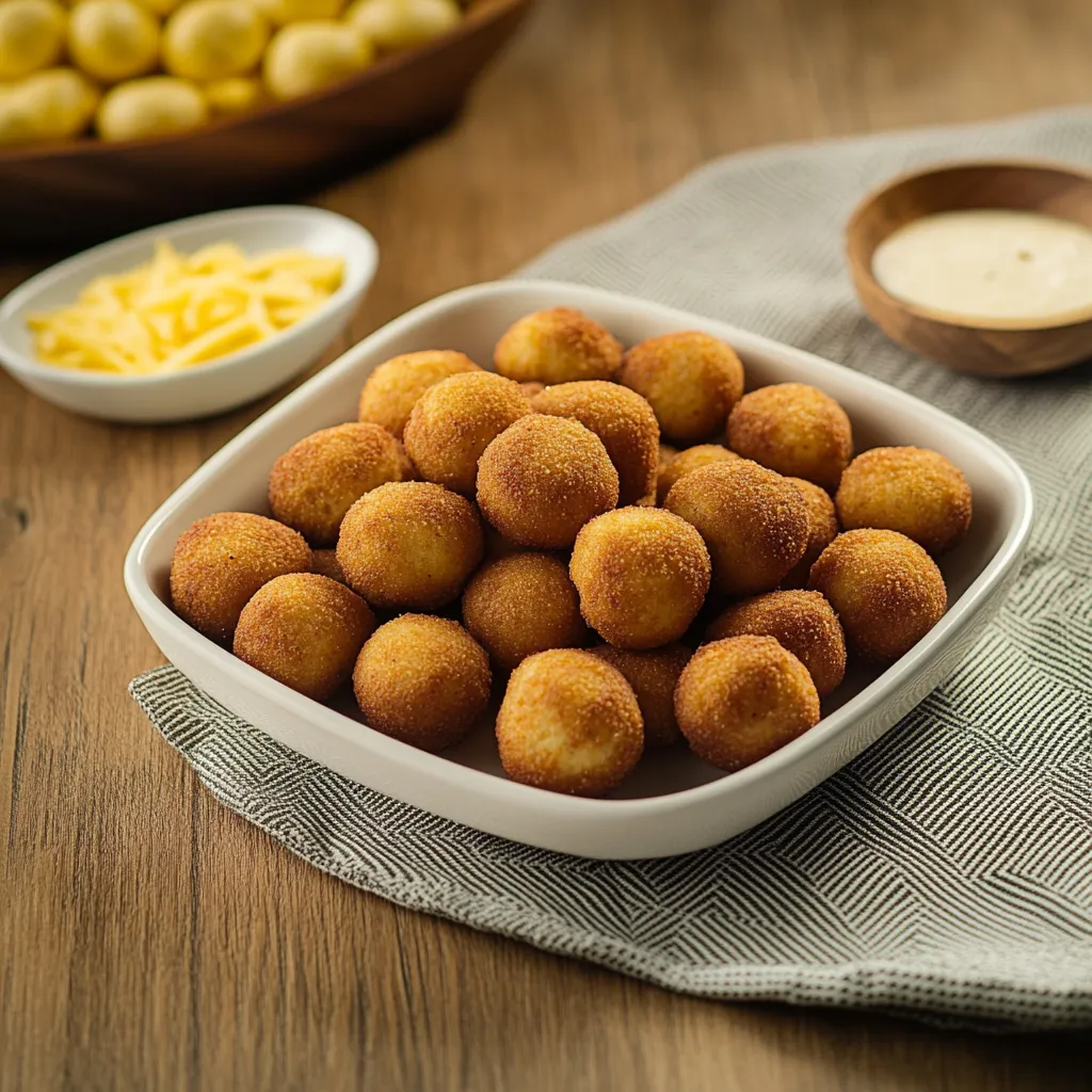 Um prato cheio de bolinhas de queijo.