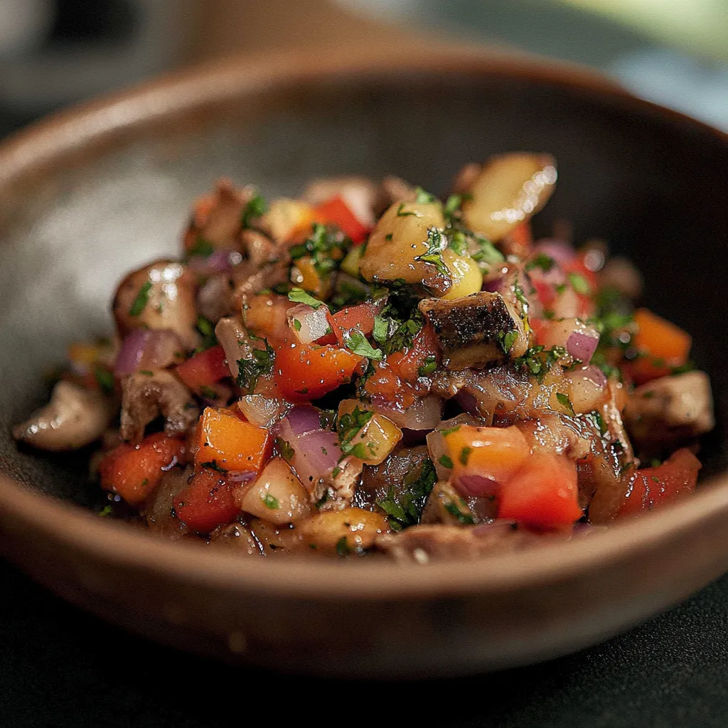 Um prato de comida com carne, tomate, cebola, alho e mushrooms.