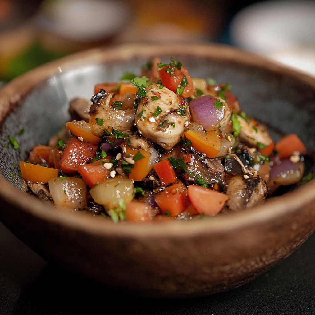Um prato cheio de carne e vegetais.