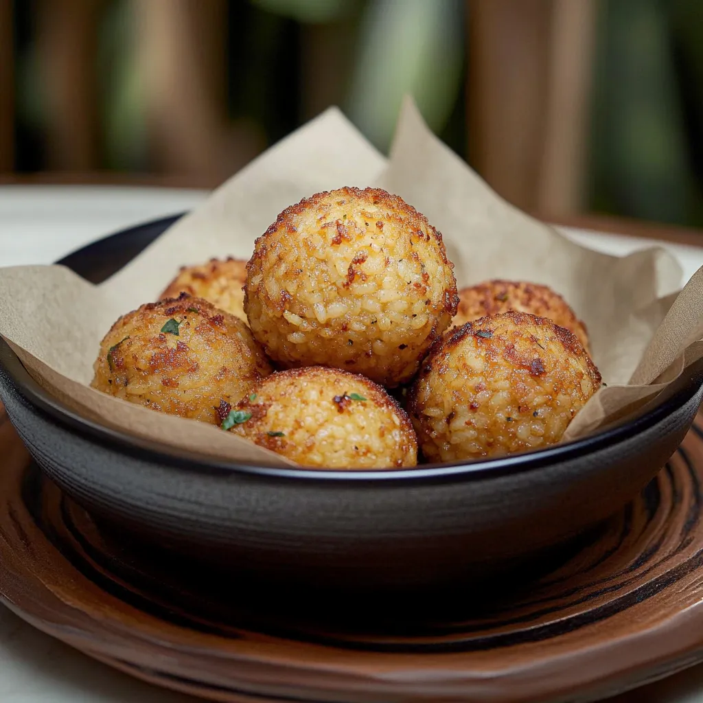 Um prato cheio de bolinhas de arroz.