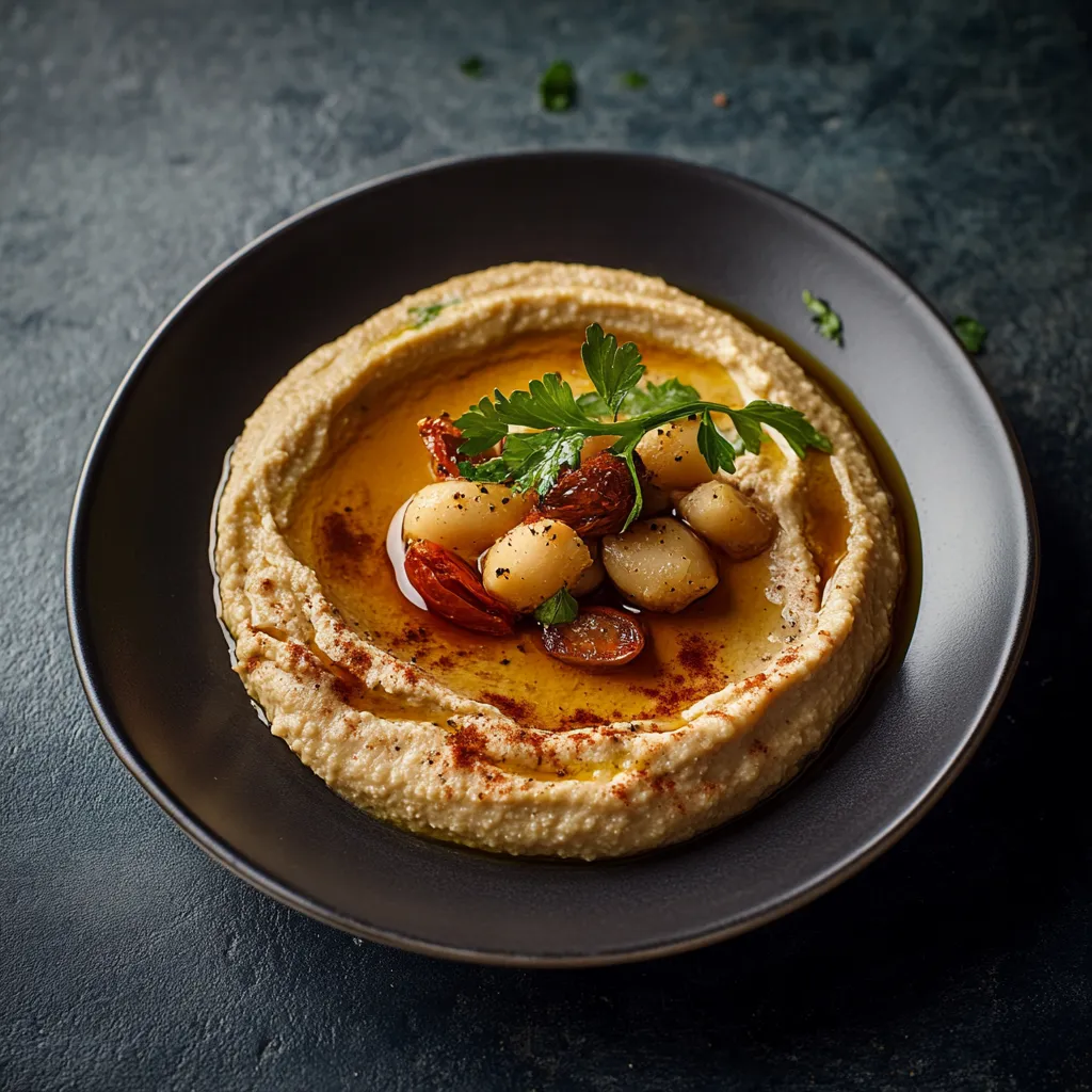 Um prato de hummus com cebola e tomate.