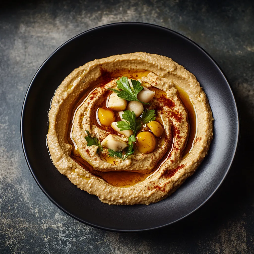 Um prato de hummus com cebola e alho.