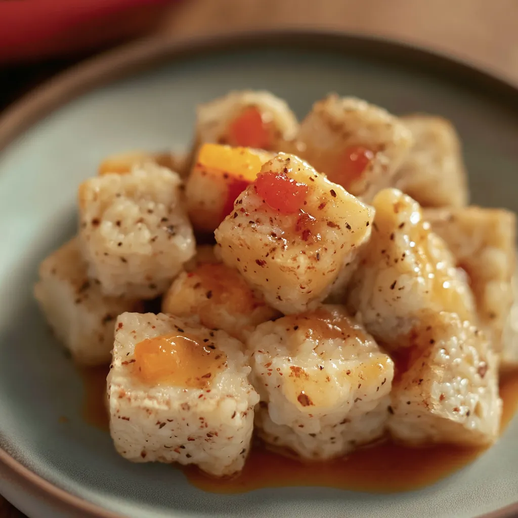 Um prato cheio de pequenos cubos de carne e frutas.
