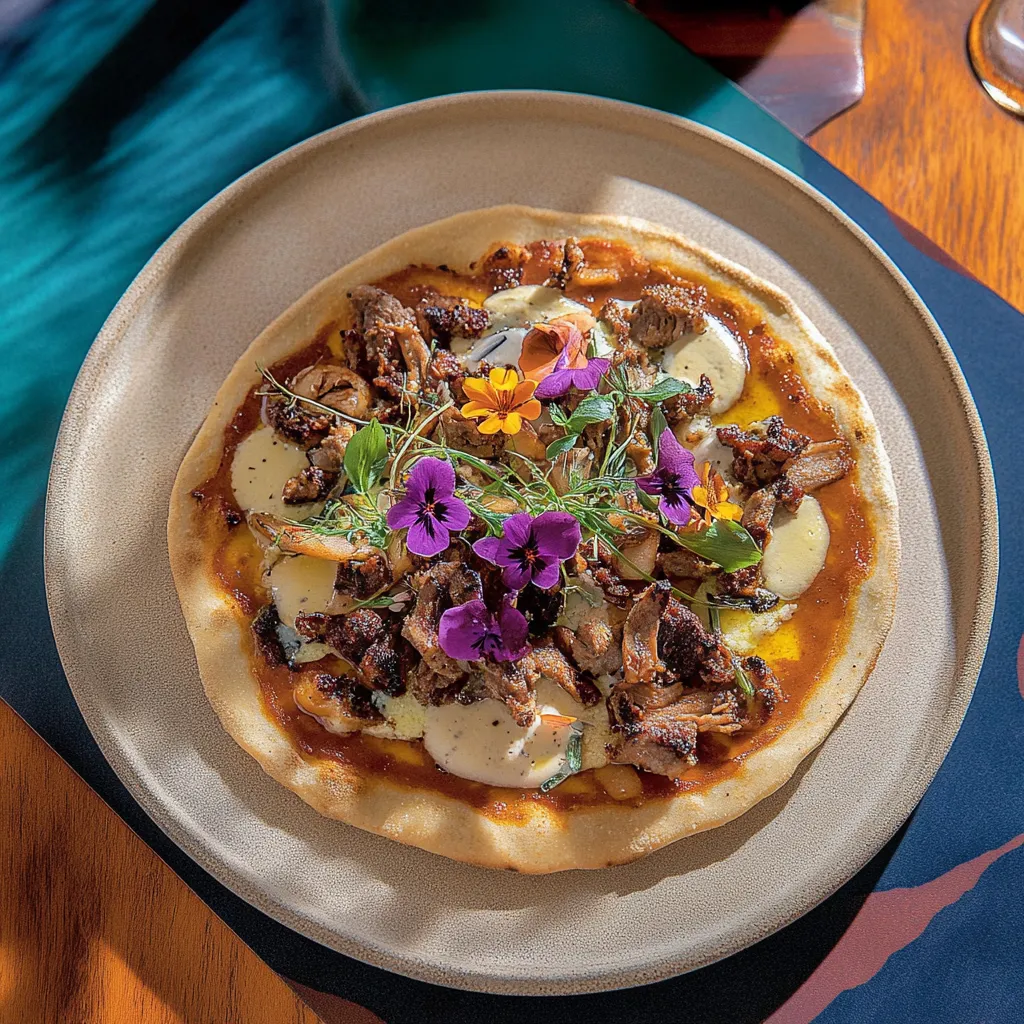 Pizza com carne e flores.
