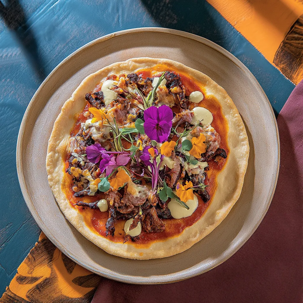 Pizza com carne e vegetais.