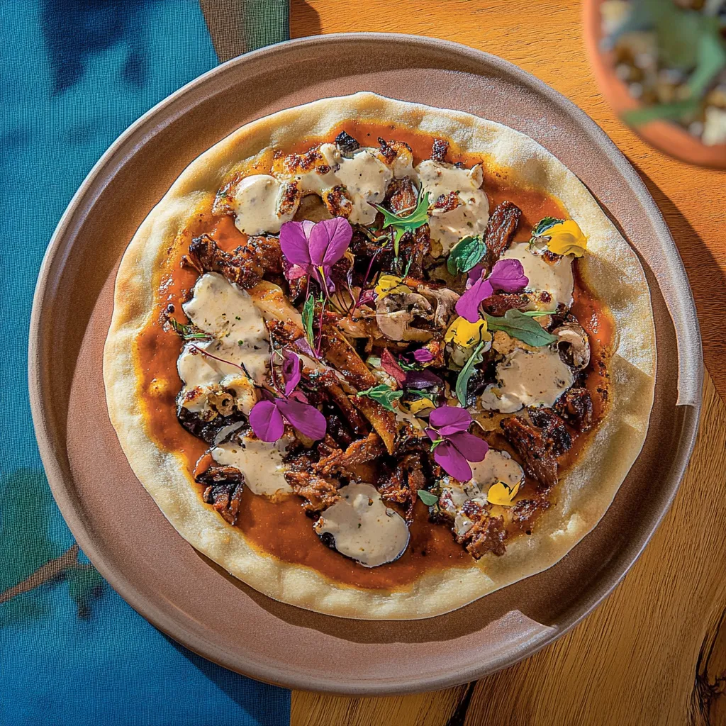 Pizza com carne e vegetais.