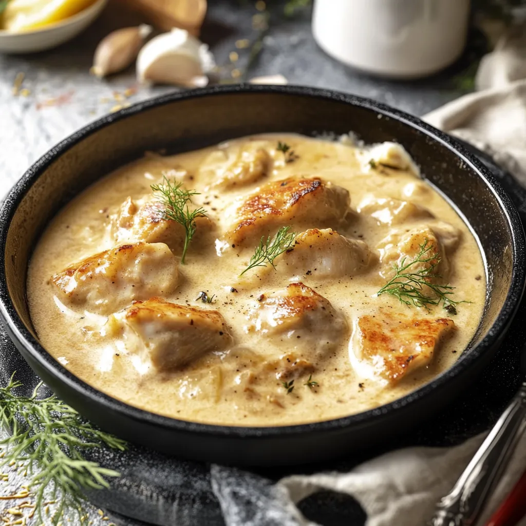 Frango grelhado com alho e cebola em uma panela.